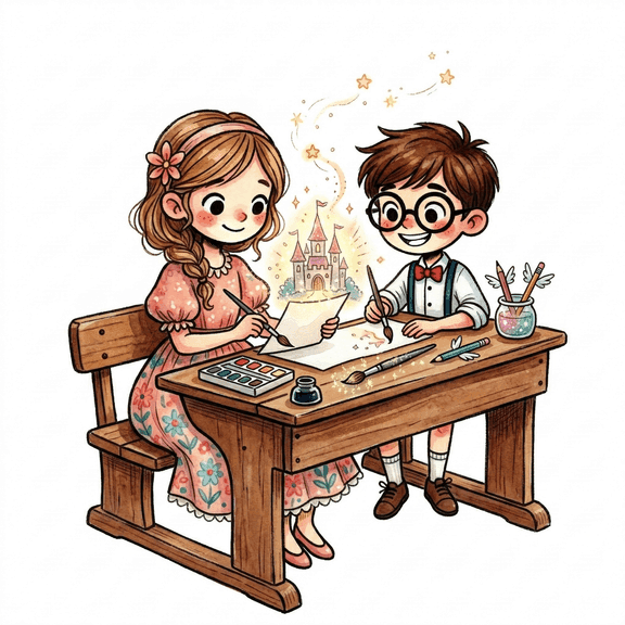 Soline et Malone dessinent un château magique à l'aquarelle